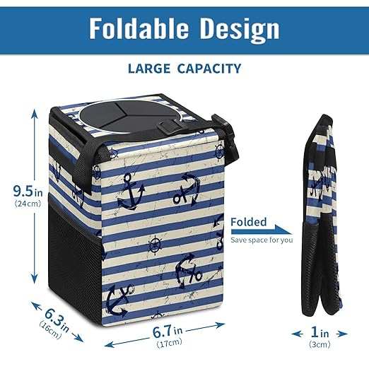 Car Trash Can Nautical Anchor Navy Blue Stripes Auto Garbage Bag Car Trash Can with Lid Leak-Proof Car Storage Bag Garbage Can Hanging for Headrest Collapsible and Portable with Storage Mesh Pocket