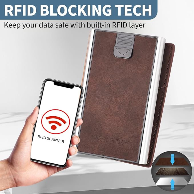 Mens slim Wallet，with RFID Shielding, Holds 9 Cards Easily, card wallet for Men, Minimalist Wallet For Men, Made of aluminum and Pu Synthetic Leather, Includes Cash clip (Coffee Color)