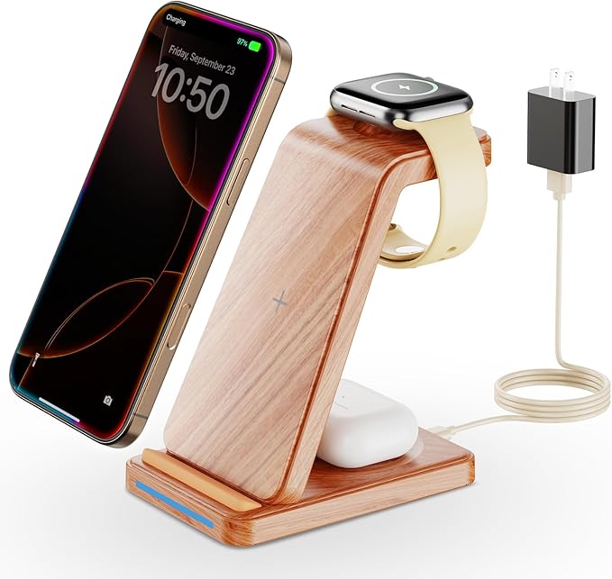 Wireless Charging Station, 3 in 1 Wireless Charger Stand for Multiple Apple Devices, Charging Dock for iPhone 16 15 14 13 12 11 Pro Max XS 8, Apple Watch 8 7 6 SE 5 4 3 2, 3/2/Pro, Wood