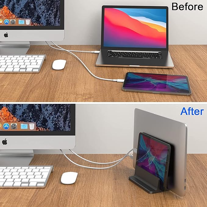 Double Slot Vertical Laptop Tablet Stand Mount Space -Saving Storage for Laptop Chromebook Tablet Smartphone,Compatible with MacBook,iPAD