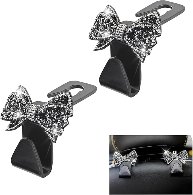 2 PCS Bling Bow Car Headrest Hook, S Type PVC Seat Back Hanger for Purses Bags Grocery, Sparkling Rhinestone Car Seat Hook Storage Decor, Universal for Most Vehicles (Black)