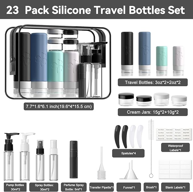 INSFIT 23 Pack Travel Bottles for Toiletries, TSA Approved Silicone Travel Size Toiletries with Toiletry Bag, BPA Free Leak Proof Refillable Travel Essentials for Liquids Shampoo Conditioner Lotion