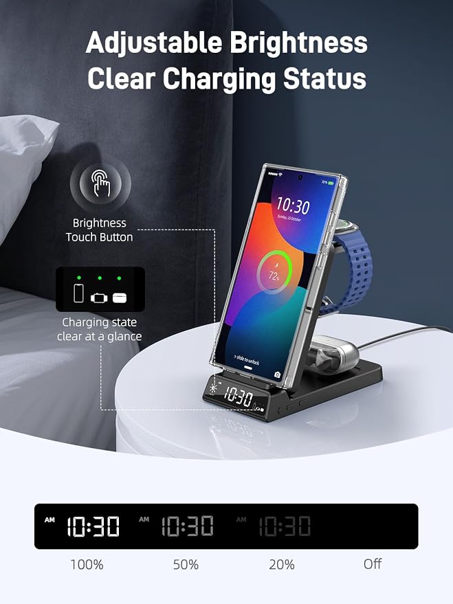 Magnetic Wireless Charger for Samsung, 3 in 1 Android Charging Station for Galaxy S26 Ultra/S25 Ultra/Z Fold/Flip, Galaxy Watch 8/8 Classic/Ultra, Buds 4, Nightstand Bedside Stand (with Adapter)