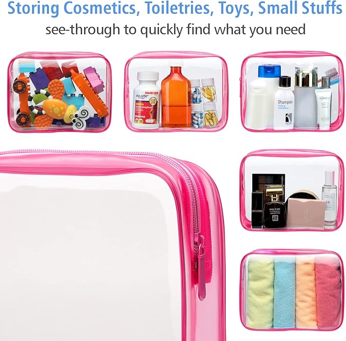 PACKISM TSA Approved Toiletry Bag 2 Pack - 1 Medium TSA Quart Carry-On & 1 Large for Checked Luggage, Water-resistant Clear Makeup Bag Clear Travel Bags for Toiletries, Matte Rose Red