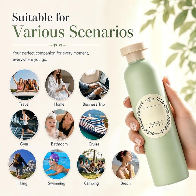 METAPACK 4Pack 8.8oz Travel Shampoo Bottles with Labels, Refillable Travel Bottles, Flip Top Squeeze Bottles, Portable Plastic Toiletry Containers for Lotion, Conditioner & Body Wash(green, blue)
