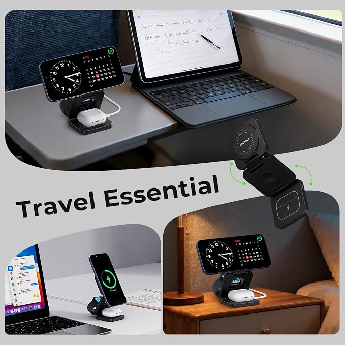 KU XIU X55 Turbo Qi 2.2 25W 3-in-1 Charging Station for Apple Device, Foldable Magnetic Charger for iPhone 17/16, 5W for Apple Watch & AirPods, Fast Travel Wireless Charging Stand with 45W Adapter