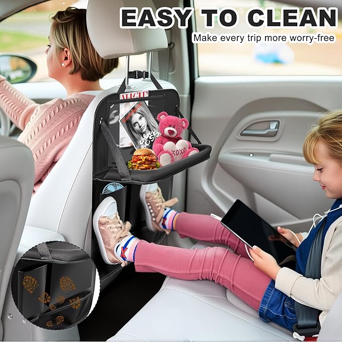 Car Backseat Organizer with Tablet Holder,6 Storage Pockets Car Storage Organizer with Foldable Food Tray,Kick Mats Backseat Protector Travel Accessories (Black)