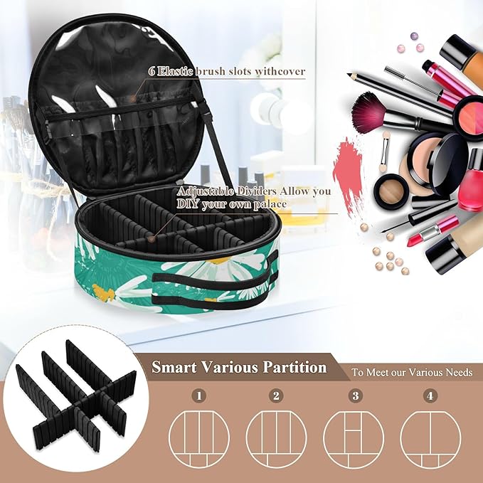 senya Round Cosmetic Pouch Travel Makeup Train Case Green Chamomile Makeup Organizer Bag with Adjustable Dividers Portable for Cosmetics Makeup Brushes Toiletry Jewelry Accessories