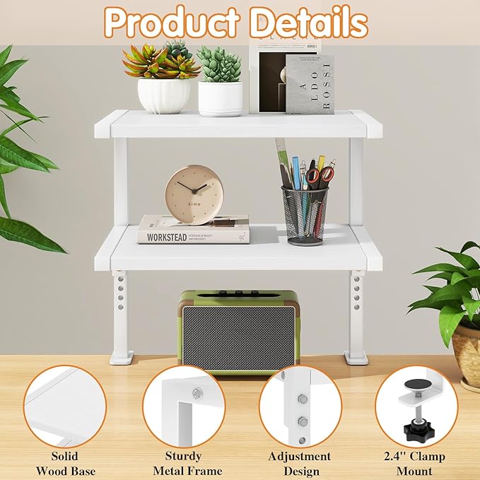 IBUYKE Clamp on Desk Organizer Shelf,12.9 inches Desk Extender Shelves, Above or Below Desk 2-Tier Adjustable Storage Shelves for Desktop Accessories,White,TMZ007W