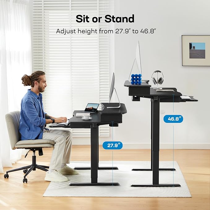 HUANUO 55" x 26" Electric Standing Desk with 2 Drawers & 26.7" Large Keyboard Tray, C-Clamp Mount Compatible, Adjustable Computer Desk for Home Office, Stand Up Desk with 4 Height Presets, Black