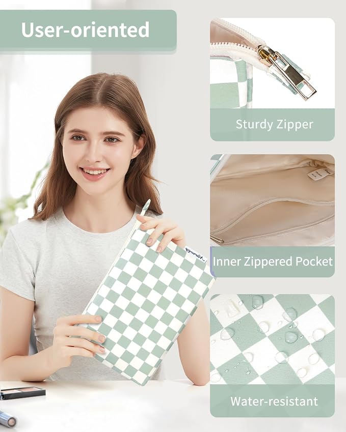Narwey Small Makeup bag for Purse, Small Makeup Pouch for Purse Cosmetic Bag with Zipper, Cute Make up Pouch for Women Girls (Mint Green Checkerboard)