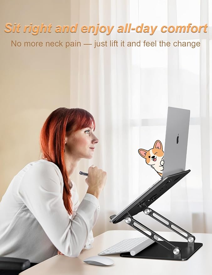 Laptop Stand for Desk-Adjustable, Foldable, Portable, Ergonomic Aluminum Notebook Riser with Unique Puppy Cooling Vent, Desk Gift for 10-17.3" Devices Mac, Dell, HP, Lenovo, Samsung, Black