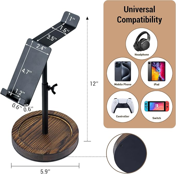 MyGift Industrial Matte Black Metal Headphone Stand with Adjustable Height and Burnt Wood Tray – Desktop Headset Holder for Office, Gaming, or Studio Setup