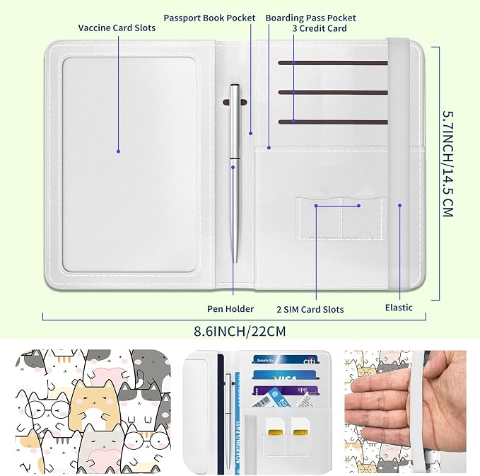 Passport Holder for Travel Essentials, Leather RFID Blocking Passport Wallet Cover Case, Cute Passport Book Holders for Women and Men Cute Cats