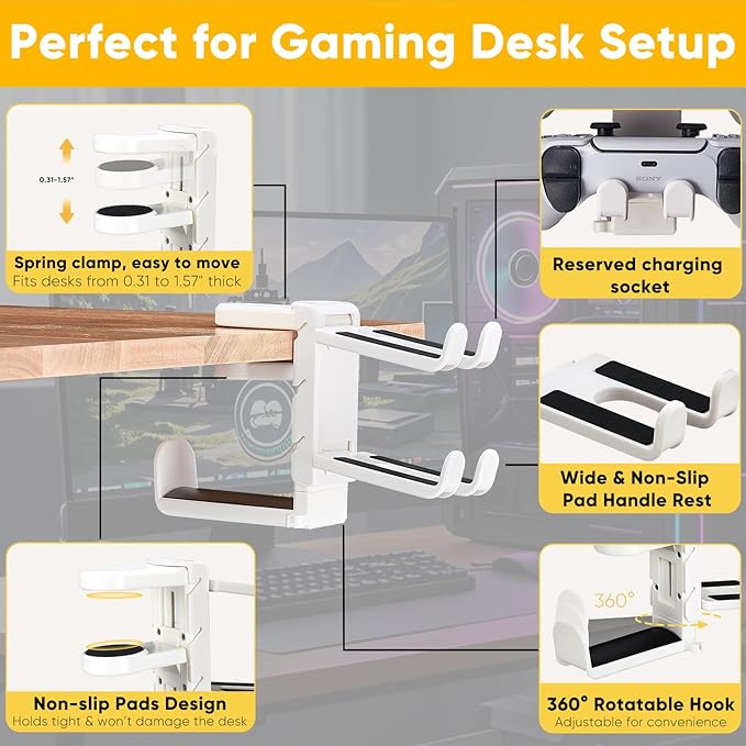 3-in-1 Under Desk Headphone Hanger with Adjustable Clamp Mount, 2 Controller Slots & 1 Headset Universal Holder Stand, Rotatable Hook Rack & Cable Organizer, for Home Gaming Xbox ps5 - White