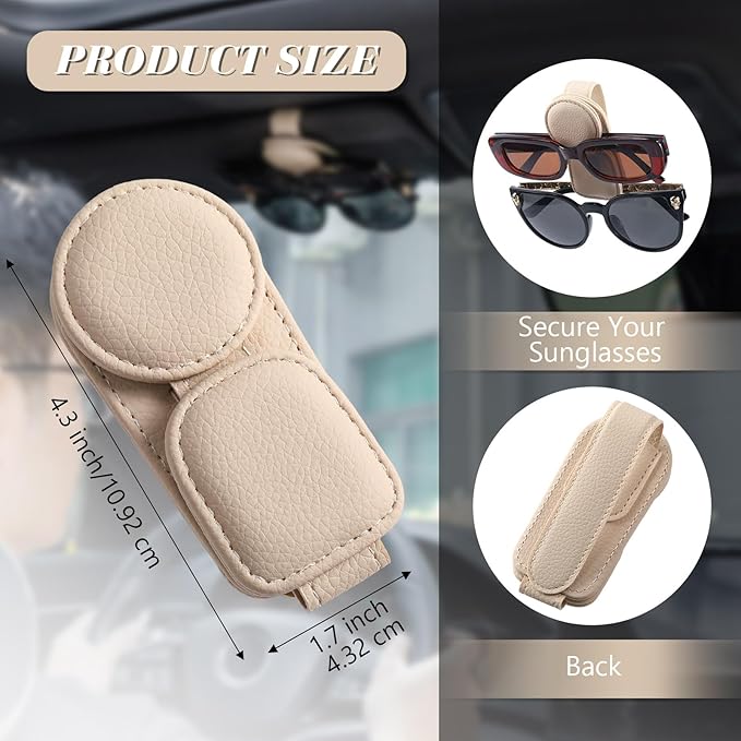 Konohan Sunglasses Holder for Car Visor Leather Eyeglass Hanger Magnetic Sunglasses Holder with 2 Clips(Beige)