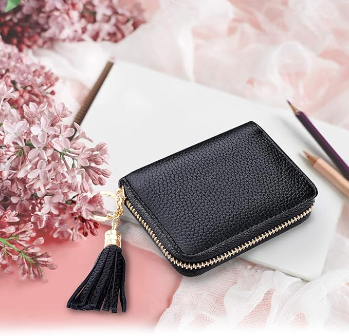 Coco Rossi Leather Credit Card Wallet for Women, RFID Blocking Zipper Cards Holder with Tassels-Black