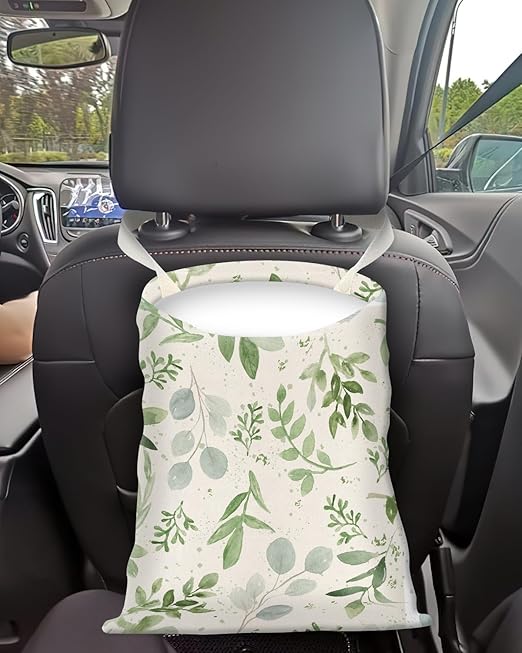 Car Trash Can, Seat Back Hanging Car Trash Bag, Cute Canvas Car Garbage Bag, Essential Car Trash Bin Car Organizers Green Leaf Floral