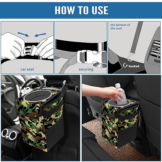 Car Trash Can Camouflage Army Pattern Wate-rproof Auto Garbage Bag Car Trash Can with Lid Leak-Proof Car Storage Bag Hanging for Headrest Collapsible and Portable with Storage Mesh Pocket