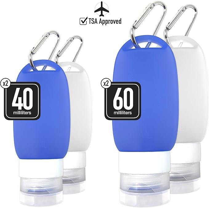 Cruise On Silicone Travel Bottle Set, TSA Approved, Leak-Proof Squeeze Bottles for Shampoo, Lotion & Liquids (2 oz & 1.4 oz), Refillable Containers with Carabiner Clips for Easy Carry