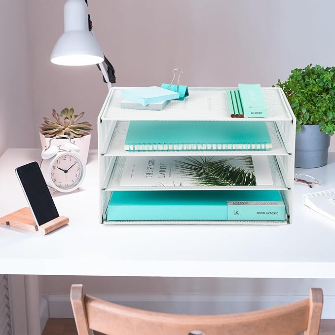 EASEPRES 3 Tier Mesh Desk Organizer Tray, Desktop Mail File Paper Letter Folder Holder Sorter Organization Rack Storage Accessories for Office Home School Classroom, White