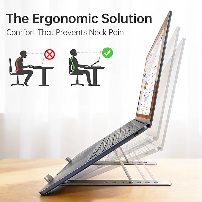 EJAY Laptop Stand for Desk, Aluminum Adjustable Laptop Riser & Ventilated Holder, Foldable Portable Computer Stand for 10-15.6 inch Laptops (Silver)