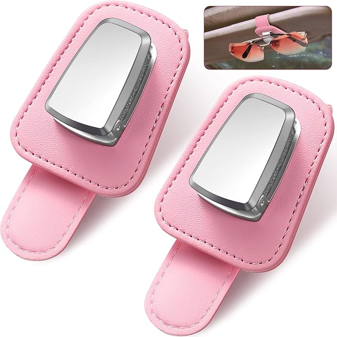 2 Packs Car Glasses Holder Universal Car Visor Sunglasses Holder Clip Leather Eyeglasses Hanger and Ticket Card Clip Eyeglasses Mount for Car (Pink)