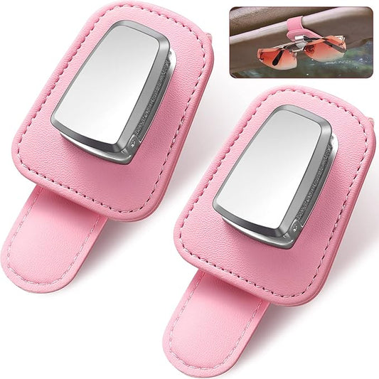 2 Packs Car Glasses Holder Universal Car Visor Sunglasses Holder Clip Leather Eyeglasses Hanger and Ticket Card Clip Eyeglasses Mount for Car (Pink)