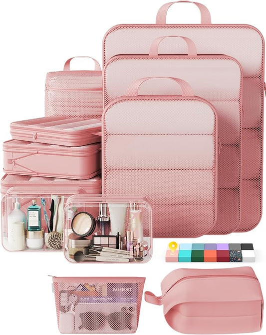 Veken 11-Pack Compression Packing Cubes for Travel Essentials,Compressible Expandable Large Luggage Suitcase Organizer Bags for Clothing,Durable Space Saver Bags with Toiletry Bags(Pink)