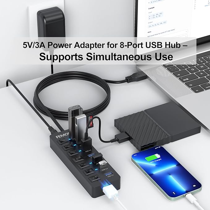 Powered USB Hub 3.0, 5Gbps Data Transfer 7 Ports and 12W Charging-only 1 Port with 5V/3A Power Adapter 4Ft Long Cable & Individual Switches for Laptop PC Flash Drive External SSD HDD Keyboard Mouse