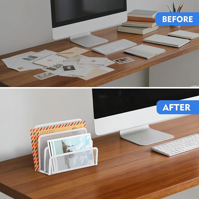 EASEPRES Desk Mail Organizer, Office Small Desktop Metal Mesh Envelope Letter Sorter Paper File Holder Organizer with 3 Vertical Upright Compartments, White 2 Pack