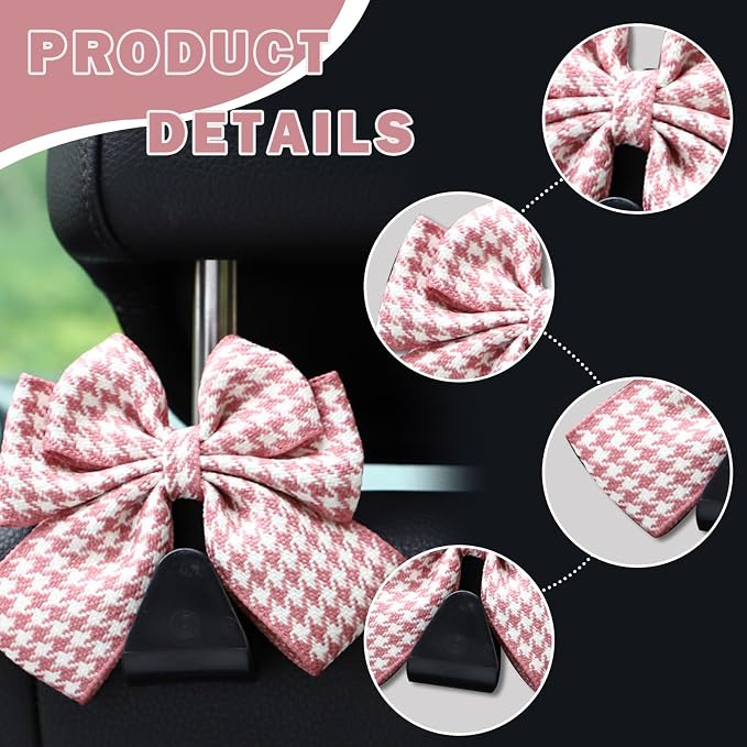 2PCS Car Seat Headrest Hooks, Cute Bow Vehicle Rear Seat Bracket Hook for Purses and Bags, Automotive Purse Hook Hanger, Universal for SUV, Sedan, Truck (Pink)
