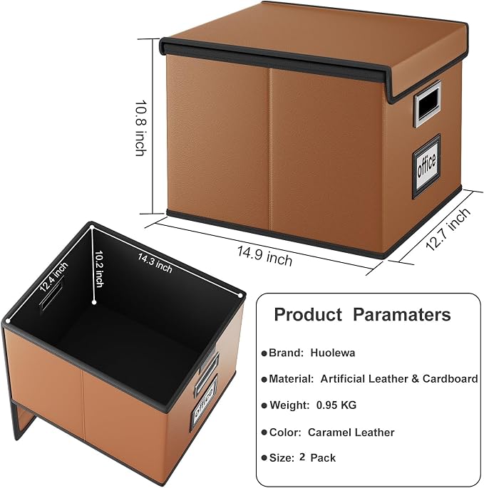 File Organizer Boxes with Lids, Collapsible Faux Leather Hanging File Folder Box Organizer with Plastic Slide, Decorative Home/Office Filing System Boxes for File and Folders Storage