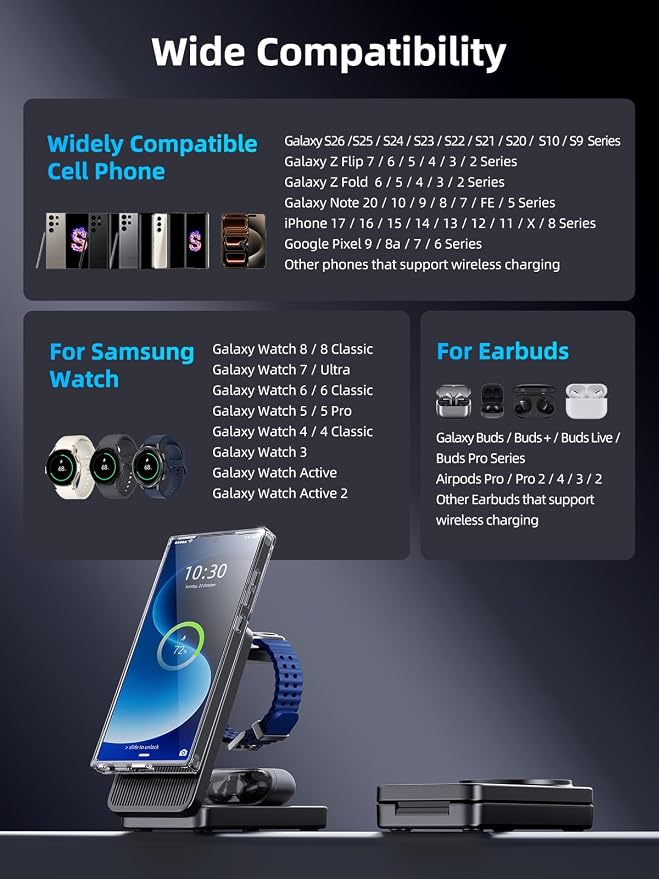 3 in 1 Magnetic Wireless Charger for Samsung, Foldable Android Charging Station for Galaxy S26/S25 Ultra /S24/Z Fold 7/Flip 7, Magnetic Watch Charger Stand for Galaxy Watch Ultra 8/7/Buds 4 for Travel