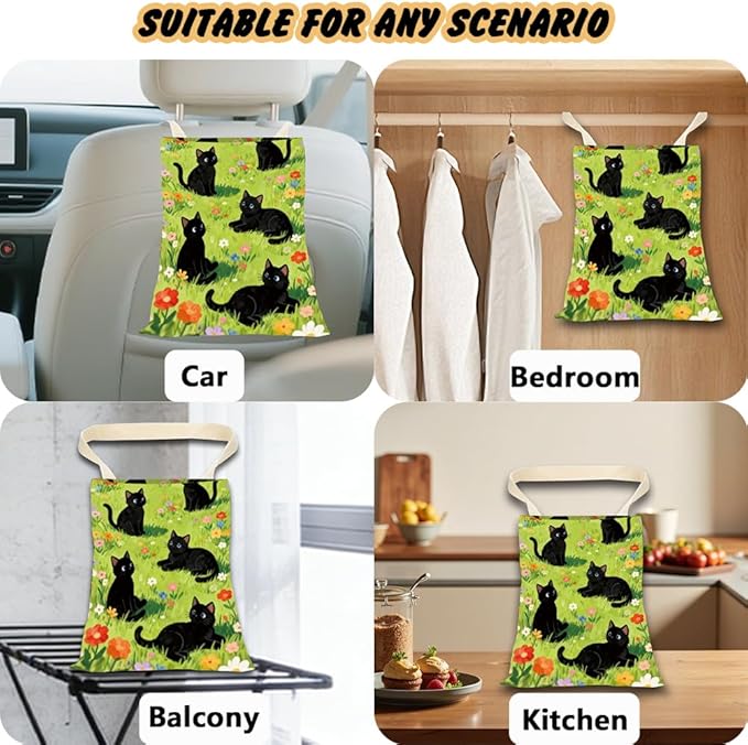 Car Trash Bag Cute Cat Car Garbage Can Green Grass Floral Cats Pattern Polyester Waterproof Cute Back Seat Organizer Storage Bin for Vehicle Interior Travel Accessories Reusable Leak Proof