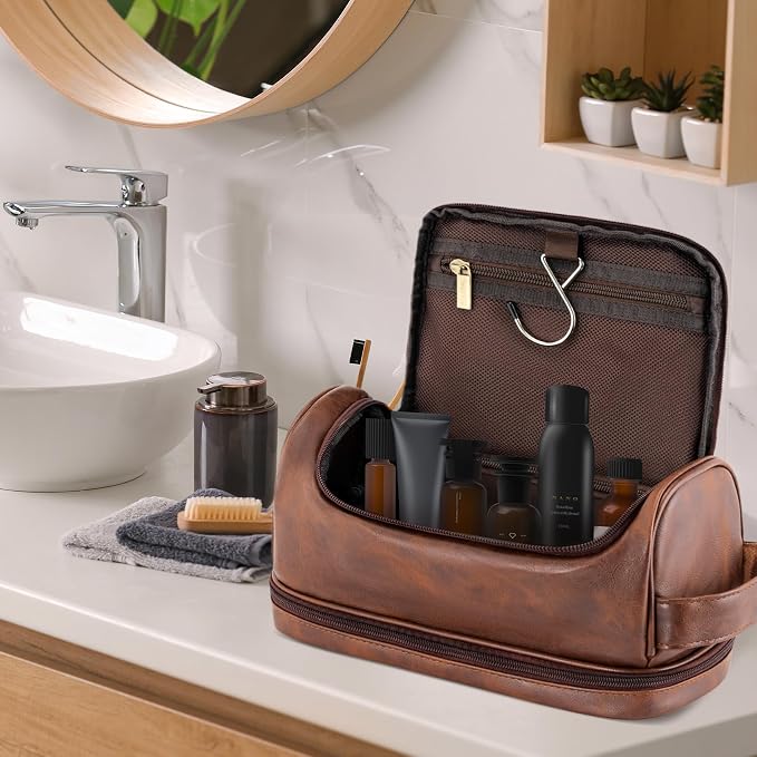 Engraved Initial Travel Toiletry Bag 21st 30th 40th 50th 60th 70th 75th 80th Birthday Gifts for Men Him, PU Leather Shaving Bag Gift for Dad Husband Boyfriend Brother Grandpa, Reddish Brown D