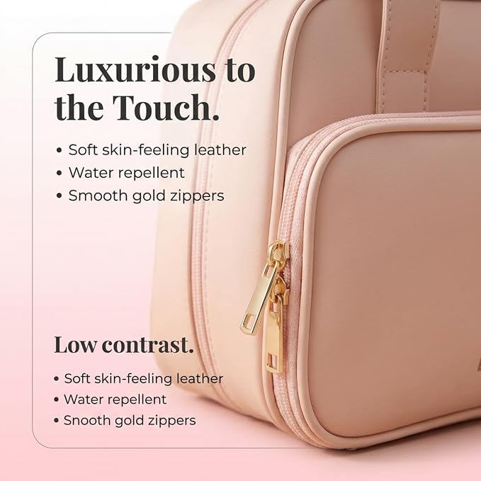 BEENLOVE Travel Makeup Bag for Women - Premium Vegan Leather Cosmetic Case - Large Portable Toiletry Organizer with Handles & Zippers - Water-Resistant Pouch