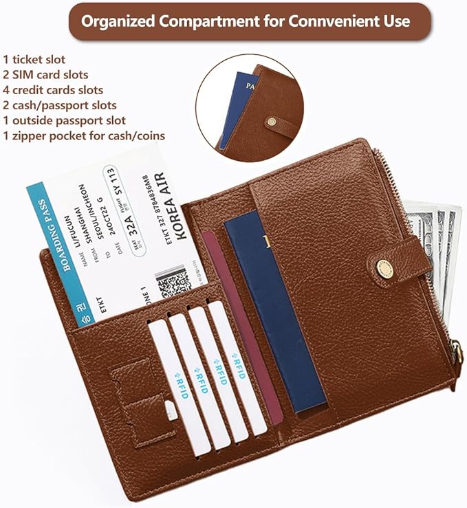 Slim RFID Blocking Passport Holder Wallet,PU Leather Travel Card Organizer,Lightweight Passport Case for Women Men (Brown)
