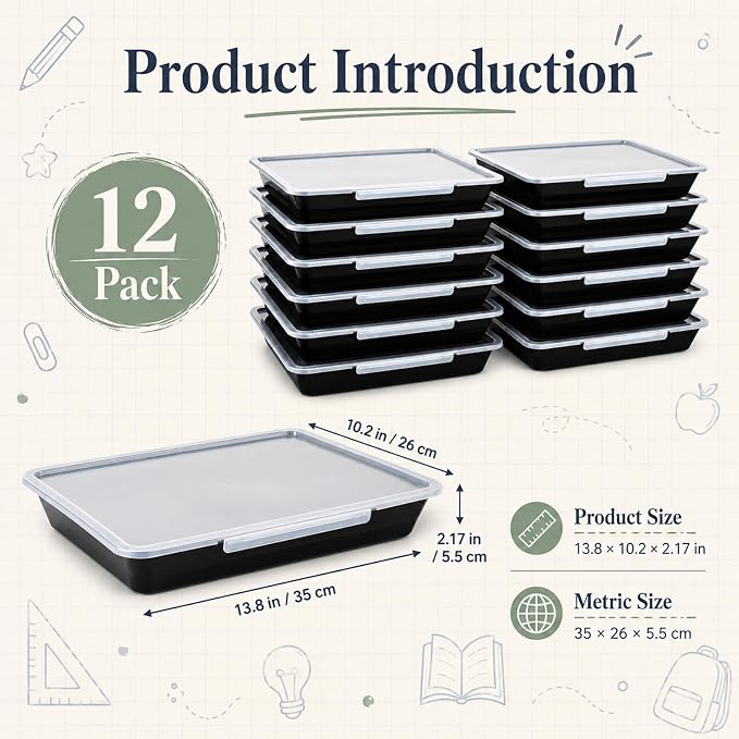 12 Pack Flat Storage Paper Tray with Clear Latching Lid Letter Size Organizer Bin Tray Plastic Latching File Organizer for Classroom Library School Office Teacher Desktop Book Organization (Black)