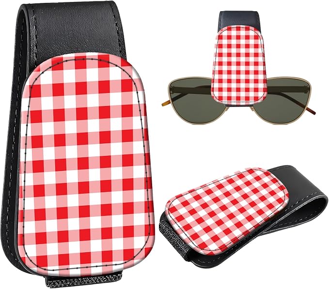 Leather Magnetic Sunglass Holder for Car Sun Visor, Cute Eyeglass Ticket Card Hanger Clip, Universal Auto Interior Accessories for SUV Pickup Truck, Red Checkered