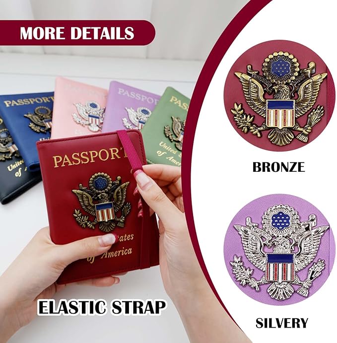 Cnycmy Passport Holder for Travel, Pu Leather Travel Wallet, RFID Blocking, Metal United States Coat of Arms, Waterproof cover for Family (Burgundy)