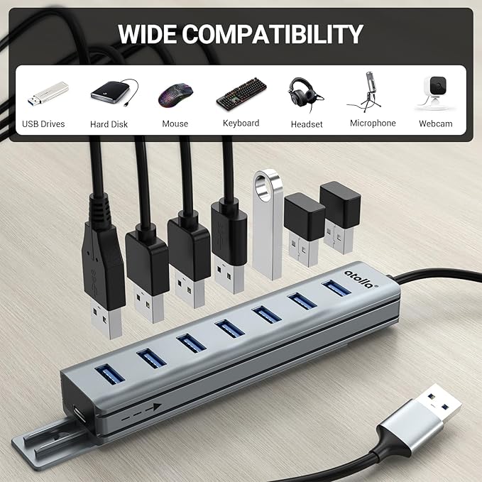 atolla 7-Port USB 3.0 Hub with Removable Sliding Rails - High-Speed Data Splitter for Desk Organization & Stable Connection, Compatible with MacBook, Laptop, PS4, PC