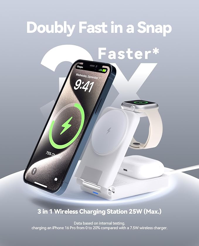 3 in 1 Charging Station, 25W Foldable Magnetic Fast Wireless Charger Stand for Apple Multiple Devices, Travel Charger for iPhone 17 16 15 14 13 12 Series Watch AirPods 4/3/2/Pro