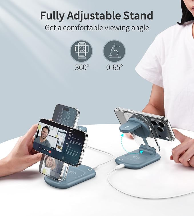3 in 1 Magnetic Wireless Charging Station for Apple Devices, Fast Foldable Travel Mag-Safe Charger Stand with Night Light for iPhone 17 16 15 14 13 12 Series, Apple Watch/AirPods Pro, LB