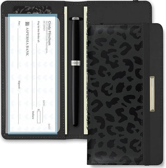 Letter Checkbook Cover, RFID Blocking Checkbook, Stylish, Lightweight, Slim Durable, Multi-Functional Checkbook Holder for Personal and Business Checks (Leopard-Black)