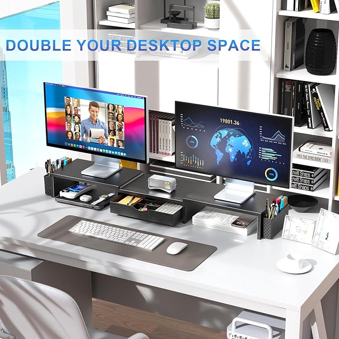 gianotter Dual Monitor Stand Riser, Desk Organizer With Drawer and 2 Pen Holders, Computer Monitor Stand, Desk Shelf for Top of Desk (Black)