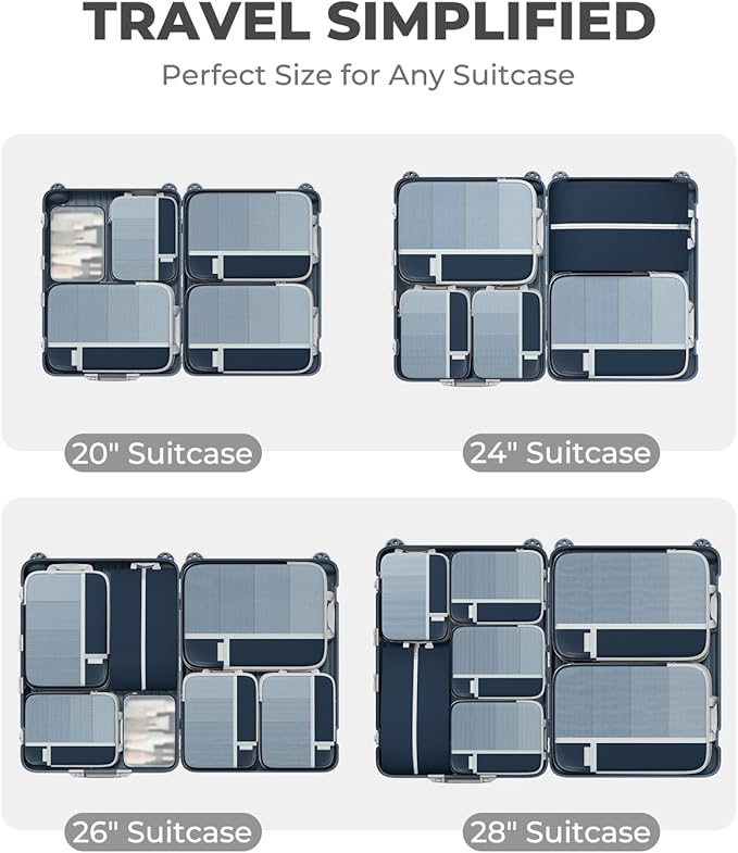 Percover Compression Packing Cubes 10-Piece Set, Packing Cubes Compression for Travel with Toiletry Bag, Laundry Bag & Shoe Bag, All-in-One Travel Organizer for Carry On & Checked Luggage, Navy Blue