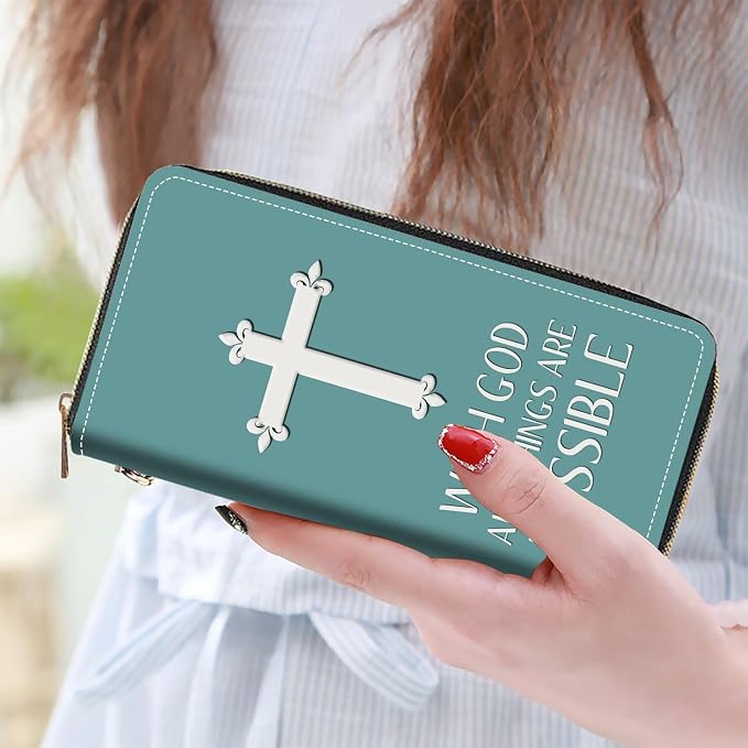 Women's Large Capacity Wallet PU Leather Zip Around Clutch Purse Multifunctional Wallet with Removable Wristlet Strap for Smart Phone/Coin/Card/Cash, Christian Cross with God All Things are Possible