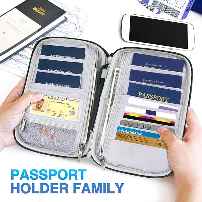 Passport Holder Family, Women RFID Blocking Passport Wallet, Travel Essentials Premium Wallets, Waterproof Passport Holders Bag for Men Traveling, Travel Document Organizer Credit Cards Case