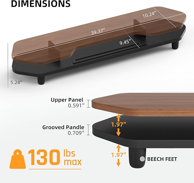 Dual Monitor Stand Riser, 39.4 Inch Large Monitor Stand with Storage Shelf, 2-Tier Desk Organizer for PC, Laptop, Printer | 2 Slots for Phone/Tablet, Computer Monitor Riser, Wood Desk Shelf for TV